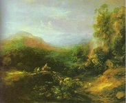 mountain landscape with peasents crossing a bridge