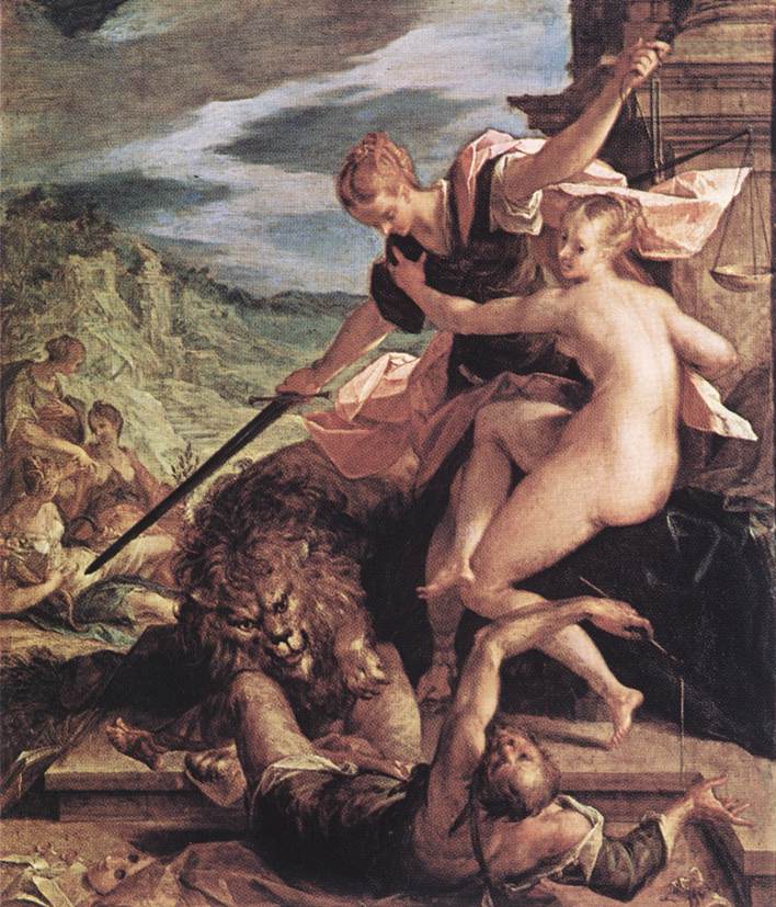 image of a soldier or warrior fighting of a lion to save a man lying on the ground various figures are included in the landscape round him and a nude figure is in front and to he side of the fighter with her arm across his chest triumph of justice