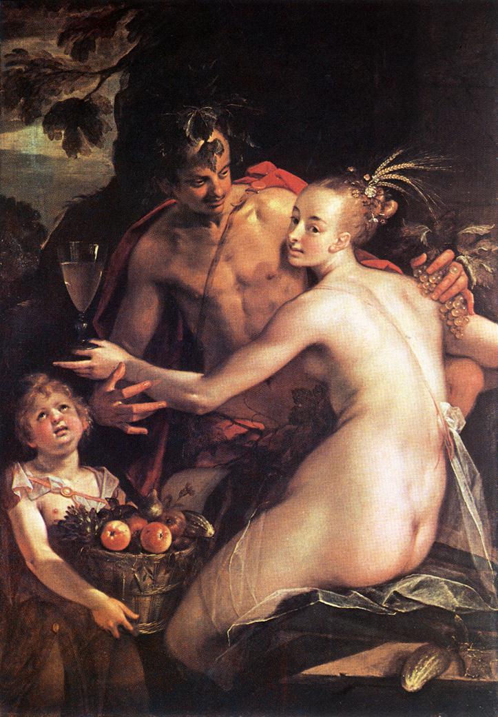 Bacchus Ceres and Cupid  - Hans Von Aachen German mannerist art history men women mythological gods nude fruit wine feathers flowers sixteenth century