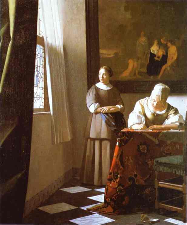Lady writing a letter with her maid
