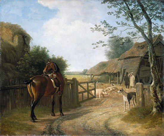 Daniel Beale at His Farm In Edmonton jacques-laurent agasse with his Favourite Horse animal building horse man dog pigs farm hay stack straw barn art history realism