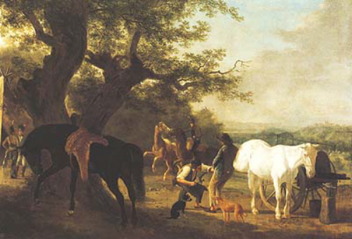 Blacksmith in an Open air Forge jacques-laurent agasse art history realism landscape trees animal shoeing horse men man forge job ocupation