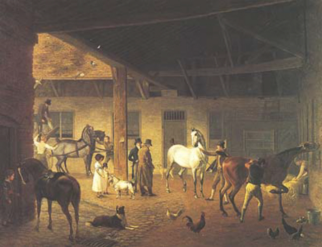 Interior of a Brewery Stable jacques-laurent agasse art history realism horse animals building interior cart children dog job occupation chickens 