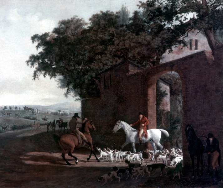 hunting painting jacques-laurent agasse realism art history men horses dogs building landscape animal gate eighteenth century