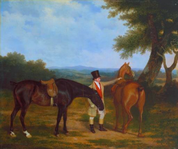 Two Hunters With A Groom by Jacques-Laurent Agasse twp horses being held by a man in a landscape near a treehorse man groom tree landscape art history realism nineteeth century