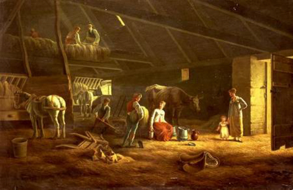A Milkmaid and Plough Horses in a Barn jacques-laurent agasse art history realism man woman animals child interior