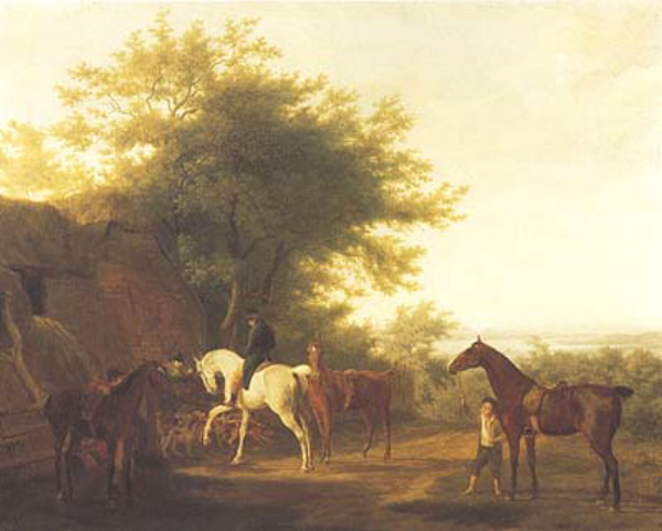 Getting Ready for the Hunt jacques-laurent agasse men animals horse horses dog dogs landscape building art history realism dogs building animals