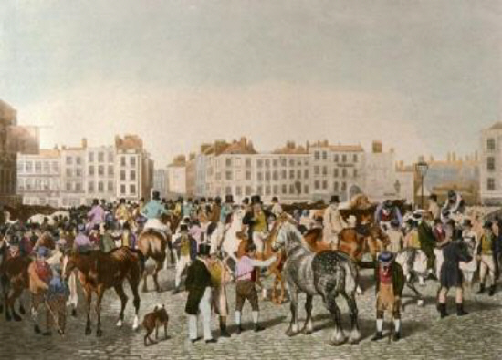Smithfield Market by jacques-laurent agasse art history realism people buildings horse animals