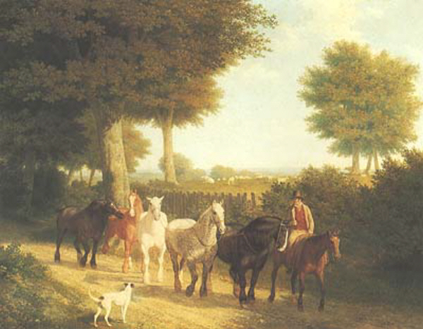 A String of Horses on Their Way to Market art history realism dog man trees rider