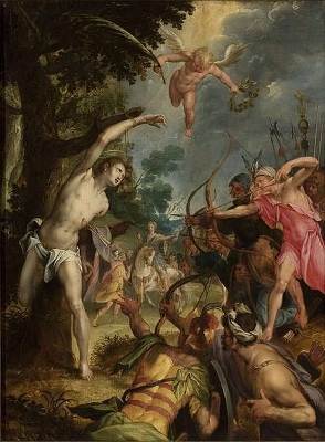 Martyrdom of Saint Sebastian - Hans Von Aachen German mannerist art history landscape bows and arrows man tree saint angel oil on panel sixteenth century