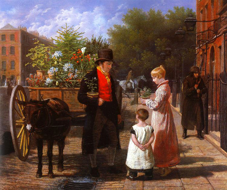 The Flower Seller jacques-laurent agasse art history realism child man woman street buildings animal donkey cart street 19th century